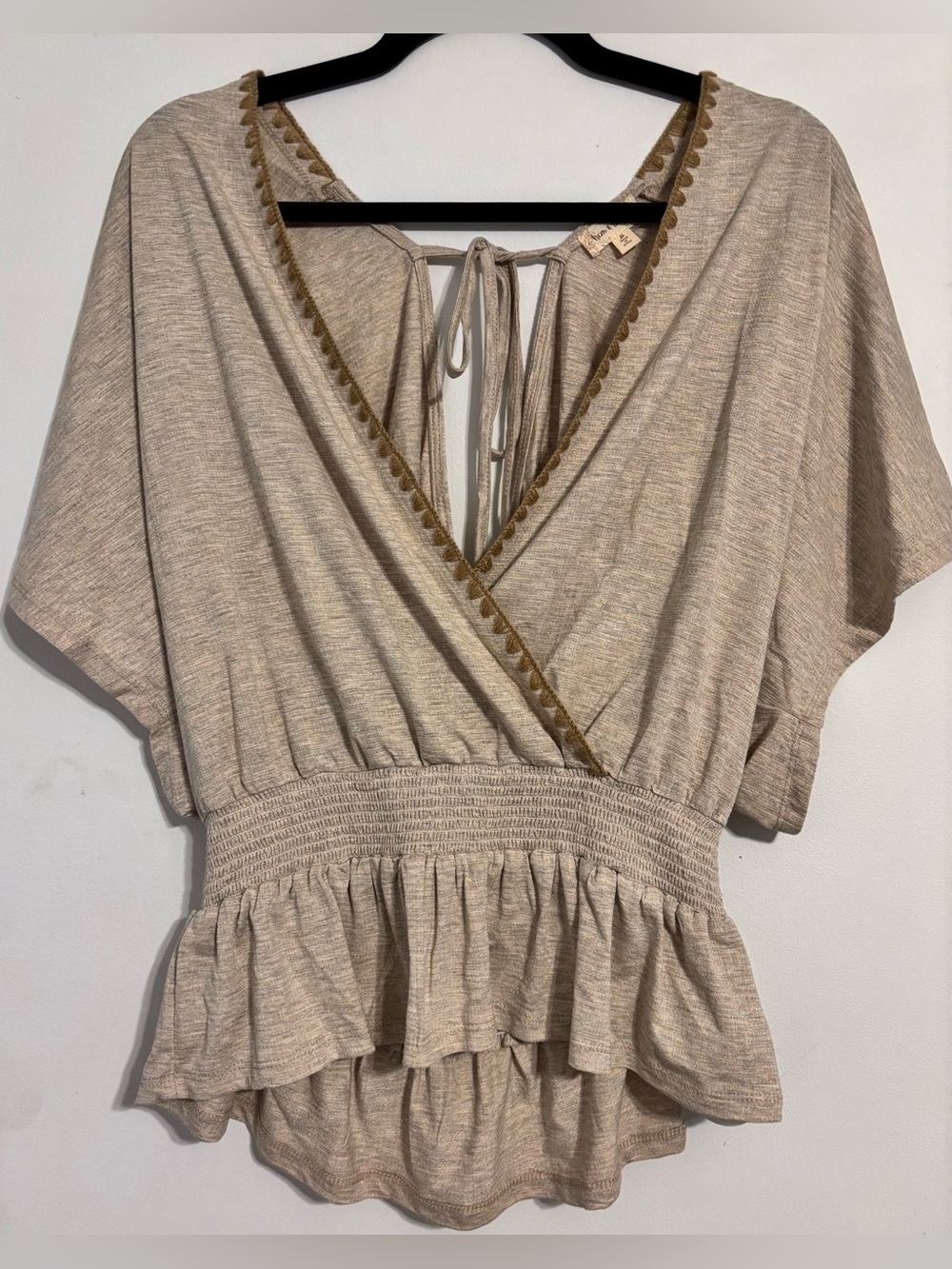Hem & Thread Taupe Wrap Peplum Top with Gold Trim